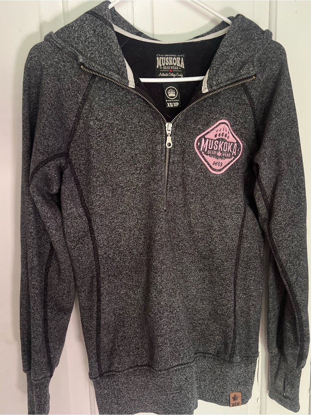 Muskoka Heathered Gray Half-Zip Hoodie with Pink Patch